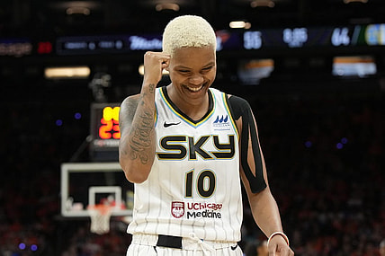 May 21, 2023; Phoenix, Arizona, USA; Chicago Sky forward Anneli Maley (10) reacts after defeating the Phoenix Mercury at Footprint Center. Mandatory Credit: Rick Scuteri-USA TODAY Sports