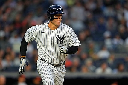 May 23, 2023; Bronx, New York, USA;  New York Yankees first baseman Anthony Rizzo (48) runs out a single against the Baltimore Orioles during the third inning at Yankee Stadium. Mandatory Credit: Gregory Fisher-USA TODAY Sports