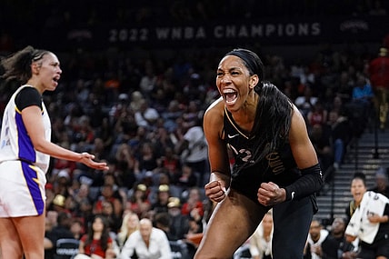May 27, 2023; Las Vegas, Nevada, USA; Las Vegas Aces forward Aja Wilson (22) reacts during the second quarter against the Los Angeles Sparks at Michelob Ultra Arena. Mandatory Credit: Lucas Peltier-USA TODAY Sports