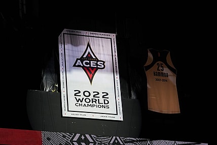 May 27, 2023; Las Vegas, Nevada, USA; The 2022 WNBA World Championship banner of the Las Vegas Aces is revealed prior to a game against the Los Angeles Sparks at Michelob Ultra Arena. Mandatory Credit: Lucas Peltier-USA TODAY Sports