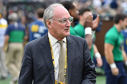 Sep 28, 2019; South Bend, IN, USA; Notre Dame Fighting Irish athletic director Jack Swarbrick walks on the sideline at Notre Dame Stadium during the game between the Notre Dame Fighting Irish and the Virginia Cavaliers. Mandatory Credit: Matt Cashore-USA TODAY Sports