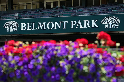 Jun 16, 2020; Elmont, New York, USA; General view of a Belmont Park sign and flowers at Belmont Park. Mandatory Credit: Brad Penner-USA TODAY Sports