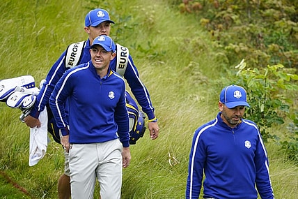 (File photo) Rory McIlroy (left) and Sergio Garcia walk to the 10th fairway during practice rounds for the 43rd Ryder Cup golf competition at Whistling Straits. Mandatory Credit: Michael Madrid-USA TODAY Sports
