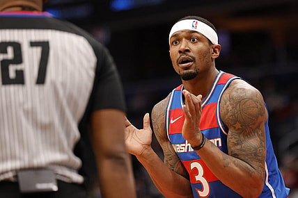 Jan 19, 2022; Washington, District of Columbia, USA; Washington Wizards guard Bradley Beal (3) reacts after being called for a foul by referee Mitchell Ervin (27) against the Brooklyn Nets during the first quarter at Capital One Arena. Mandatory Credit: Geoff Burke-USA TODAY Sports