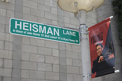 May 24, 2022; Santa Ana, California USA; A Heisman Lane street sign in honor of John Huarte (1961), Matt Leinart (2001) and Bryce Young (2020) during the Mater Dei High Heisman Homecoming ceremony at the Meruelo Athletic Center. Mandatory Credit: Kirby Lee-USA TODAY Sports