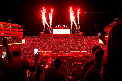 Oct 1, 2022; Lincoln, Nebraska, USA; Fans participate in a light show at the end of the third quarter between the Nebraska Cornhuskers and the Indiana Hoosiers at Memorial Stadium. Mandatory Credit: Dylan Widger-USA TODAY Sports