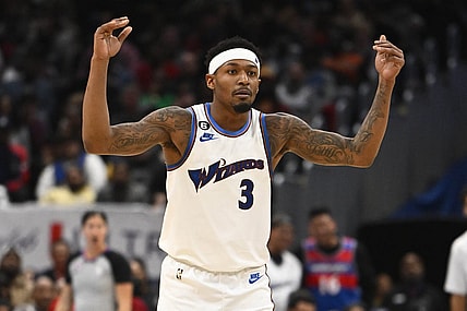 Nov 18, 2022; Washington, District of Columbia, USA; Washington Wizards guard Bradley Beal (3) reacts against the Miami Heat during the second half at Capital One Arena. Mandatory Credit: Brad Mills-USA TODAY Sports
