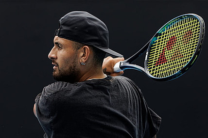 Jan 15, 2023; Melbourne, Victoria, Australia; Nick Kyrgios of Australia hits a shot during a practice session on court 16 at Melbourne Park. Mandatory Credit: Mike Frey-USA TODAY Sports