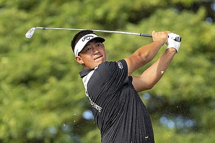 January 15, 2023; Honolulu, Hawaii, USA; Carl Yuan hits his tee shot on the second hole during the final round of the Sony Open in Hawaii golf tournament at Waialae Country Club. Mandatory Credit: Kyle Terada-USA TODAY Sports
