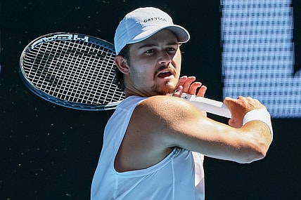 Jan 23, 2023; Melbourne, Victoria, Australia; J.J Wolf from the United States during his round four match against Ben Shelton from the United States on day eight of the 2023 Australian Open tennis tournament at Melbourne Park. Mandatory Credit: Mike Frey-USA TODAY Sports