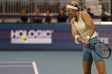 Mar 23, 2023; Miami, Florida, US; Victoria Azarenka hits a backhand against Camila Giorgi (ITA) (not pictured) on day four of the Miami Open at Hard Rock Stadium. Mandatory Credit: Geoff Burke-USA TODAY Sports