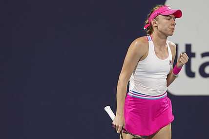 Mar 27, 2023; Miami, Florida, US; Ekaterina Alexandrova reacts after winning a first set tiebreaker against Bianca Andreescu (CAN) (not pictured) on day eight of the Miami Open at Hard Rock Stadium. Mandatory Credit: Geoff Burke-USA TODAY Sports