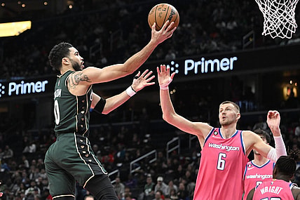 Wizards center Kristaps Porzingis (6) is rumored to be on his way to the Celtics in a three-team trade. Mandatory Credit: Brad Mills-USA TODAY Sports