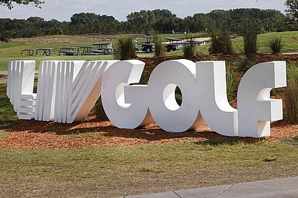 Mar 31, 2023; Orlando, Florida, USA; The LIV logo on display at the entrance before the first round of a LIV Golf event at Orange County National. Mandatory Credit: Reinhold Matay-USA TODAY Sports