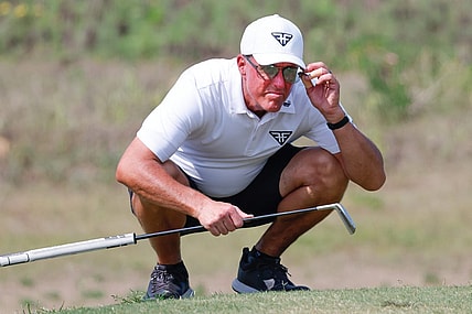 Apr 2, 2023; Orlando, Florida, USA; Phil Mickelson of the HyFlyers on the fifth green during the final round of a LIV Golf event at Orange County National. Mandatory Credit: Reinhold Matay-USA TODAY Sports