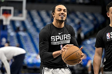 Apr 9, 2023; Dallas, Texas, USA; San Antonio Spurs guard Tre Jones (33) warms up before the game between the Dallas Mavericks and the San Antonio Spurs at the American Airlines Center. Mandatory Credit: Jerome Miron-USA TODAY Sports