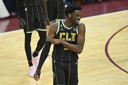 Apr 9, 2023; Cleveland, Ohio, USA; Charlotte Hornets center Mark Williams (5) smiles in the fourth quarter against the Cleveland Cavaliers at Rocket Mortgage FieldHouse. Mandatory Credit: David Richard-USA TODAY Sports