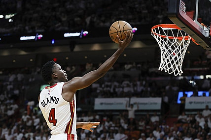 Apr 22, 2023; Miami, Florida, USA; Miami Heat guard Victor Oladipo (4) drives to the basket in the fourth quarter against the Milwaukee Bucks during game three of the 2023 NBA Playoffs at Kaseya Center. Mandatory Credit: Sam Navarro-USA TODAY Sports