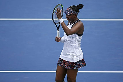 Venus Williams celebrates after her win against Kiki Bertens at the Lindner Family Tennis Center in Mason, Ohio, on Tuesday, Aug. 13, 2019. Williams won in three sets, 6-3, 3-6, 7-4.