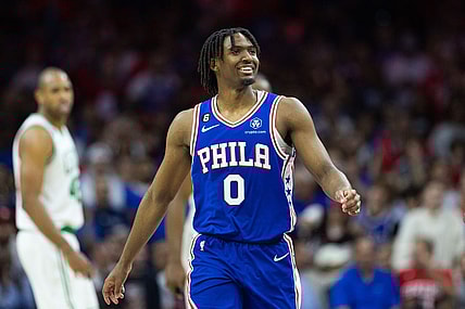 May 11, 2023; Philadelphia, Pennsylvania, USA; Philadelphia 76ers guard Tyrese Maxey (0) smiles after a play against the Boston Celtics during the fourth quarter in game six of the 2023 NBA playoffs at Wells Fargo Center. Mandatory Credit: Bill Streicher-USA TODAY Sports