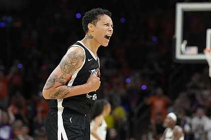 May 21, 2023; Phoenix, Arizona, USA; Phoenix Mercury center Brittney Griner (42) reacts after scoring against the Chicago Sky in the second half at Footprint Center. Mandatory Credit: Rick Scuteri-USA TODAY Sports