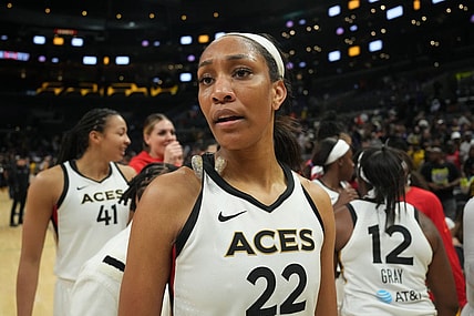 May 25, 2023; Los Angeles, California, USA;Las Vegas Aces forward A'ja Wilson (22) reacts after the game against the LA Sparks at Crypto.com Arena. Mandatory Credit: Kirby Lee-USA TODAY Sports
