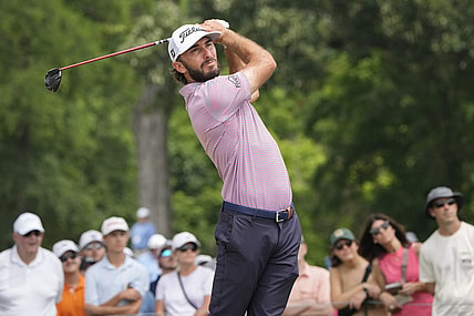 May 27, 2023; Fort Worth, Texas, USA; Max Homa plays his shot from the third tee during the third round of the Charles Schwab Challenge golf tournament. Mandatory Credit: Jim Cowsert-USA TODAY Sports