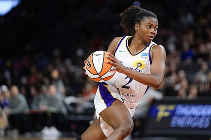 May 27, 2023; Las Vegas, Nevada, USA; Los Angeles Sparks guard Nia Clouden (2) drives the ball against the Las Vegas Aces during the fourth quarter at Michelob Ultra Arena. Mandatory Credit: Lucas Peltier-USA TODAY Sports