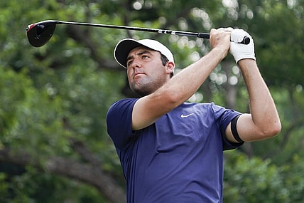 May 28, 2023; Fort Worth, Texas, USA; Scottie Scheffler plays his shot from the second tee during the final round of the Charles Schwab Challenge golf tournament. Mandatory Credit: Raymond Carlin III-USA TODAY Sports
