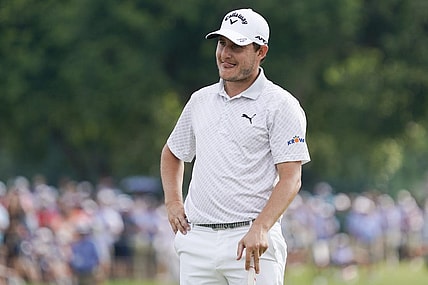 May 28, 2023; Fort Worth, Texas, USA; Emiliano Grillo reacts after missing a putt on the 18th green, on the first playoff hole during the final round of the Charles Schwab Challenge golf tournament. Mandatory Credit: Raymond Carlin III-USA TODAY Sports