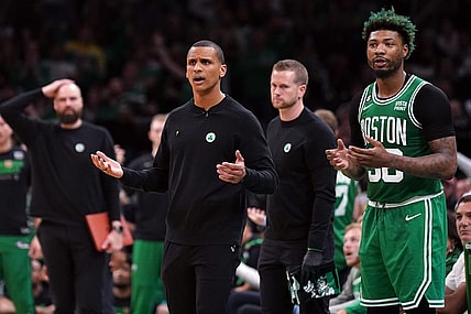 May 29, 2023; Boston, Massachusetts, USA; Boston Celtics head coach Joe Mazzulla reacts in the second quarter against the Miami Heat during game seven of the Eastern Conference Finals for the 2023 NBA playoffs at TD Garden. Mandatory Credit: David Butler II-USA TODAY Sports