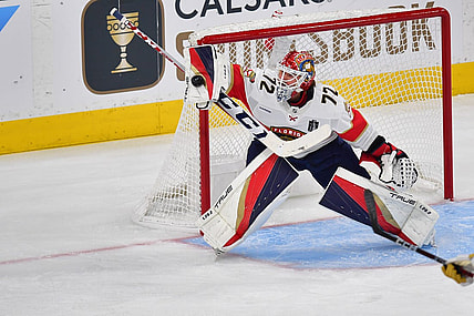 Jun 5, 2023; Las Vegas, Nevada, USA; Florida Panthers goaltender Sergei Bobrovsky (72) blocks a shot in the first period in against the Vegas Golden Knights  game two of the 2023 Stanley Cup Final at T-Mobile Arena. Mandatory Credit: Gary A. Vasquez-USA TODAY Sports