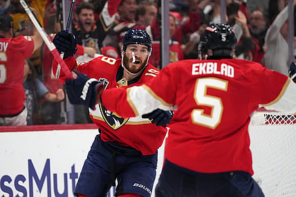 Jun 8, 2023; Sunrise, Florida, USA; (Editors Notes: Caption Correction) Florida Panthers left wing Matthew Tkachuk (19) and defenseman Aaron Ekblad (5) celebrate the game winning goal scored by defenseman Brandon Montour (not pictured) against the Vegas Golden Knights Florida Panthers during overtime in game three of the 2023 Stanley Cup Final at FLA Live Arena. Mandatory Credit: Jasen Vinlove-USA TODAY Sports