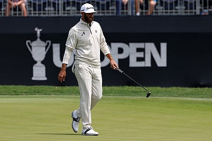 Jun 12, 2023; Los Angeles, California, USA; Dustin Johnson walks on the 10th hole green during a practice round of the U.S. Open golf tournament. Mandatory Credit: Kiyoshi Mio-USA TODAY Sports