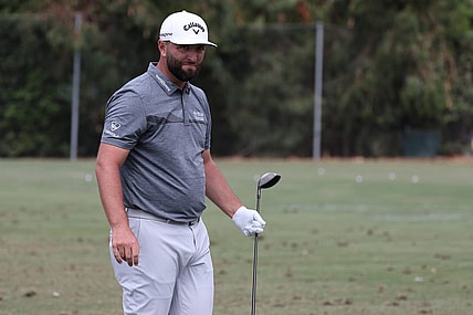 Jun 12, 2023; Los Angeles, California, USA; Jon Rahm looks on at the practice range during a practice round of the U.S. Open golf tournament at the Los Angeles Country Club. Mandatory Credit: Kiyoshi Mio-USA TODAY Sports
