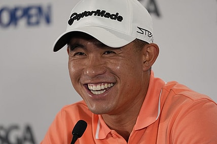 Jun 13, 2023; Los Angeles, California, USA; Collin Morikawa talks  during a press conference for the U.S. Open golf tournament at Los Angeles Country Club. Mandatory Credit: Michael Madrid-USA TODAY Sports