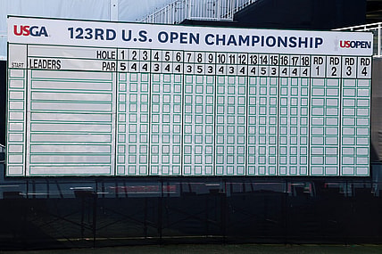 Jun 13, 2023; Los Angeles, California, USA; A detailed view of a leader board during a practice round of the U.S. Open golf tournament at Los Angeles Country Club. Mandatory Credit: Kiyoshi Mio-USA TODAY Sports