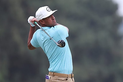 Jun 16, 2023; Los Angeles, California, USA; Tony Finau hits a tee shot on the 8th hole during the second round of the U.S. Open golf tournament at Los Angeles Country Club. Mandatory Credit: Kiyoshi Mio-USA TODAY Sports