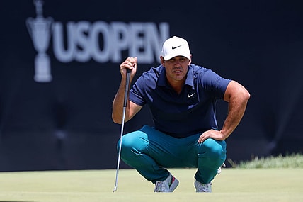 Jun 16, 2023; Los Angeles, California, USA; Brooks Koepka (LIV player) lines up a putt on the on the ninth green during the second round of the U.S. Open golf tournament. Mandatory Credit: Kiyoshi Mio-USA TODAY Sports