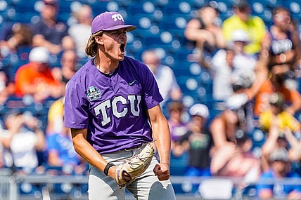 Jun 18, 2023; Omaha, NE, USA; TCU Horned Frogs pitcher Ben Abeldt (46) celebrates after defeating the Virginia Cavaliers at Charles Schwab Field Omaha. Mandatory Credit: Dylan Widger-USA TODAY Sports
