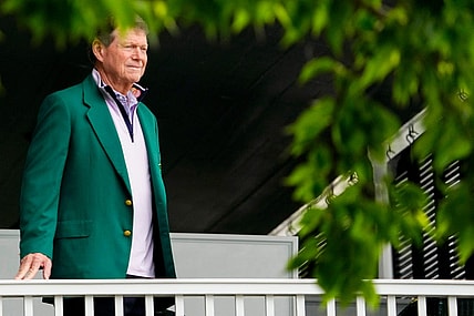 Tom Watson looks out from the clubhouse balcony during the first round of the 2023 Masters golf tournament.