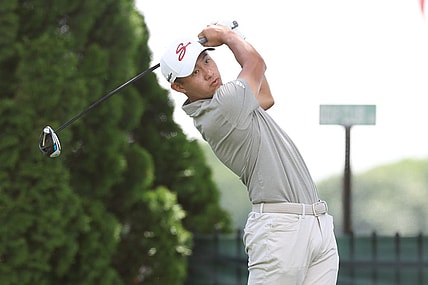 Jun 22, 2023; Cromwell, Connecticut, USA; Collin Morikawa plays his shot from the ninth tee during the first round of the Travelers Championship golf tournament. Mandatory Credit: Vincent Carchietta-USA TODAY Sports