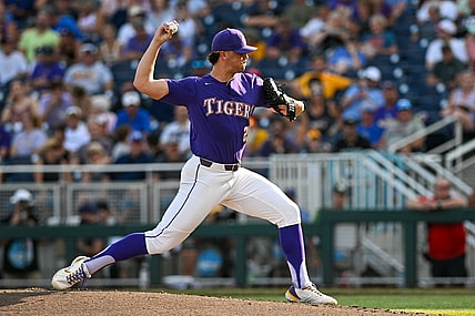 Jun 22, 2023; Omaha, NE, USA;  LSU Tigers pitcher Paul Skenes (20) throws against the Wake Forest Demon Deacons in the second inning at Charles Schwab Field Omaha. Mandatory Credit: Steven Branscombe-USA TODAY Sports