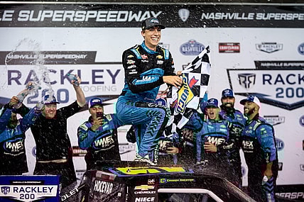 NASCAR Craftsman Truck Series driver Carson Hocevar celebrates winning the Rackley Roofing 200 Race at Nashville Superspeedway in Lebanon, Tenn., Friday, June 23, 2023.