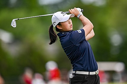 Jun 25, 2023; Springfield, New Jersey, USA; Ruoning Yin tees off on the 4th hole during the final round of the KPMG Women's PGA Championship golf tournament. Mandatory Credit: John Jones-USA TODAY Sports