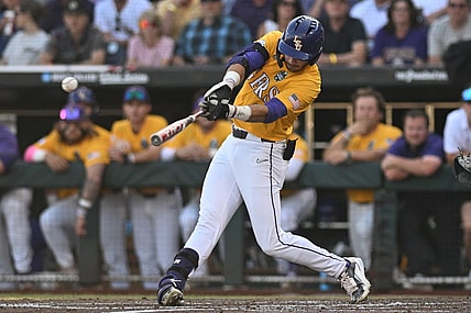 Jun 26, 2023; Omaha, NE, USA;  LSU Tigers right fielder Brayden Jobert (6) singles against the Florida Gators in the second inning at Charles Schwab Field Omaha. Mandatory Credit: Steven Branscombe-USA TODAY Sports