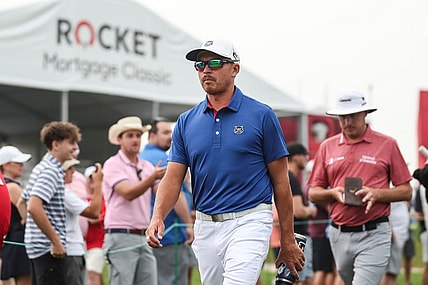 Rickie Fowler walks towards the 16th tee box during the first round of Rocket Mortgage Classic at Detroit Golf Club in Detroit on Thursday, June 29, 2023.