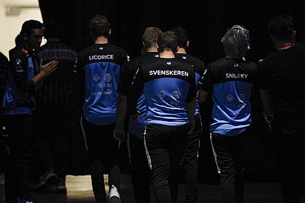 Aug 25, 2019; Detroit, MI, USA; Cloud9 player Dennis Johnsen aka Svenskeren walks off the arena floor with his teammates during the LCS Summer Finals event against Team Liquid at Little Caesars Arena. Mandatory Credit: Raj Mehta-USA TODAY Sports
