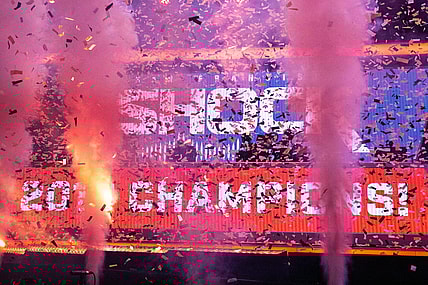Sep 29, 2019; Philadelphia, PA, USA; The San Francisco Shock celebrate their victory in the 2019 Overwatch League Grand Finals e-sports championship against the Vancouver Titans at Wells Fargo Center. Mandatory Credit: Bill Streicher-USA TODAY Sports