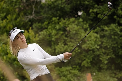 Jun 3, 2022; Southern Pines, North Carolina, USA; Michelle Wie West hits a tee shot on the ninth hole during the second round of the U.S. Women's Open. Mandatory Credit: Geoff Burke-USA TODAY Sports